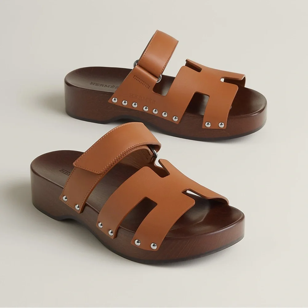 Hermes Women’s Kos - Leather Slide Sandals in Cognac